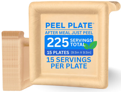 Peel Plate (15-Pack) 225 Servings Total, Large 9.5in x 9.5in Multi-Use Reusable Paper Plates, 90% Less Waste Peelable Dinnerware for Home or On-The-Go Mealtime & Snacktime