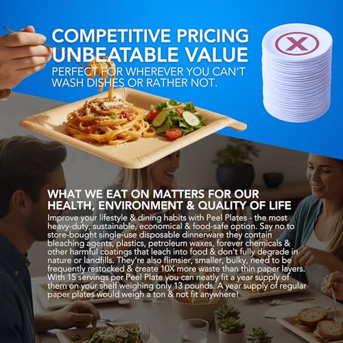 Peel Plate (5-Pack) 75 Servings Total - Large 9.5in x 9.5in Multi-Use Reusable Paper Plates, One Month Supply - 90% Less Waste Peelable Dinnerware for Home or On-The-Go Mealtime