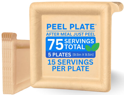 Peel Plate (5-Pack) 75 Servings Total - Large 9.5in x 9.5in Multi-Use Reusable Paper Plates, One Month Supply - 90% Less Waste Peelable Dinnerware for Home or On-The-Go Mealtime