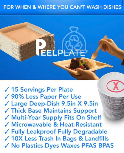 Peel Plate (5-Pack) 75 Servings Total - Large 9.5in x 9.5in Multi-Use Reusable Paper Plates, One Month Supply - 90% Less Waste Peelable Dinnerware for Home or On-The-Go Mealtime