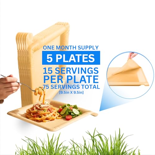 Peelware Peel Plate [5-Pack] 75 Servings Total - Large 9.5in X 9.5in Multi-Use Reusable Paper Plates 90% Less Waste For Home or On-The-Go Mealtime & Snacktime - Peelable Dinnerware One Month Supply
