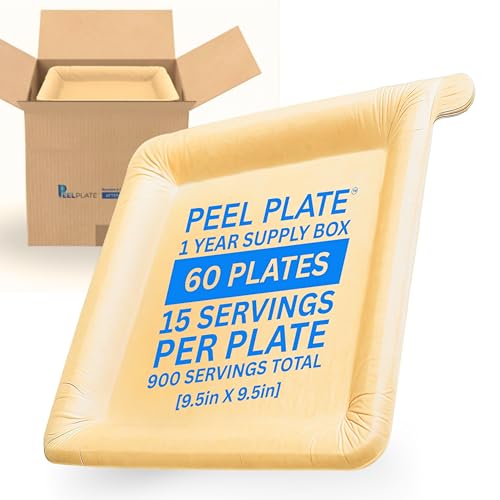 Peelware Peel Plate [Year Supply Box] 60 Plates / 900 Servings Total - Large 9.5in X 9.5in Multi-Use Reusable Paper Plates 90% Less Waste - Peelable Dinnerware