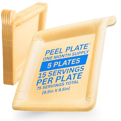 Peelware Peel Plate [5-Pack] 75 Servings Total - Large 9.5in X 9.5in Multi-Use Reusable Paper Plates 90% Less Waste For Home or On-The-Go Mealtime & Snacktime - Peelable Dinnerware One Month Supply