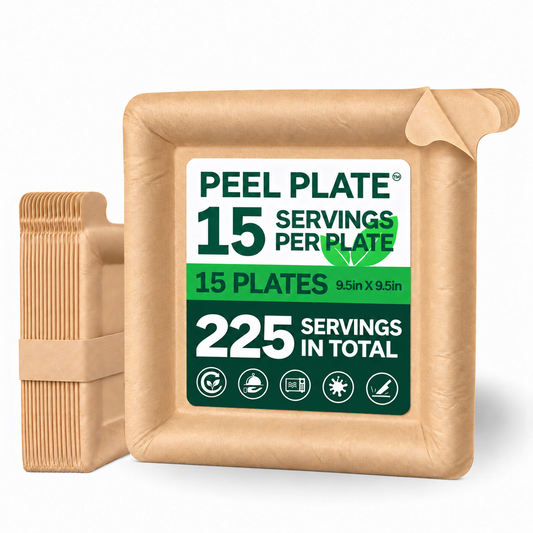 Peel Plate (15-Pack) 225 Servings Total, Large 9.5in x 9.5in Multi-Use Reusable Paper Plates, 90% Less Waste Peelable Dinnerware for Home or On-The-Go Mealtime & Snacktime