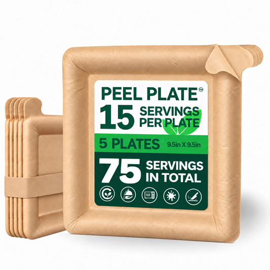 Peel Plate (5-Pack) 75 Servings Total - Large 9.5in x 9.5in Multi-Use Reusable Paper Plates, One Month Supply - 90% Less Waste Peelable Dinnerware for Home or On-The-Go Mealtime