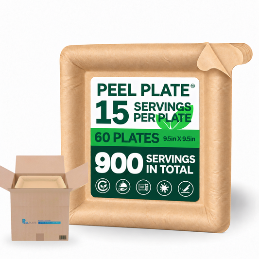 Peel Plate 900 Servings (Year Supply Box) 60 Count, Large 9.5in x 9.5in Multi-Use Reusable Paper Plates, Peelable Dinnerware, 60 Plates / 900 Servings Total, Year Supply Box, 90% Less Waste