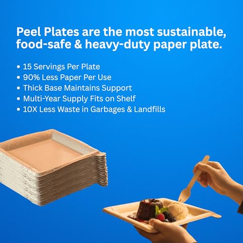 Peel Plate 900 Servings (Year Supply Box) 60 Count, Large 9.5in x 9.5in Multi-Use Reusable Paper Plates, Peelable Dinnerware, 60 Plates / 900 Servings Total, Year Supply Box, 90% Less Waste