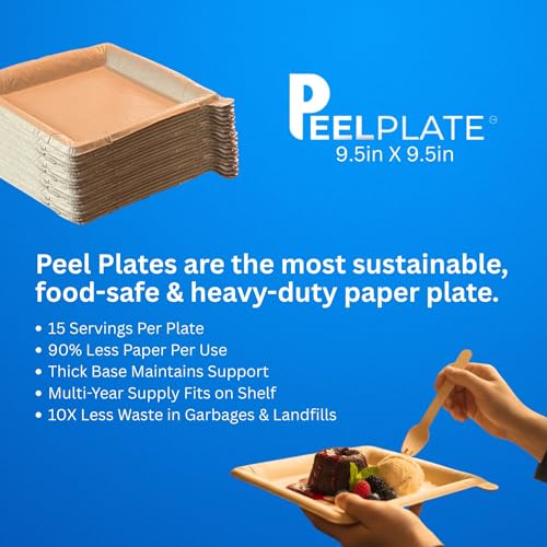 Peel Plate (15-Pack) 225 Servings Total, Large 9.5in x 9.5in Multi-Use Reusable Paper Plates, 90% Less Waste Peelable Dinnerware for Home or On-The-Go Mealtime & Snacktime