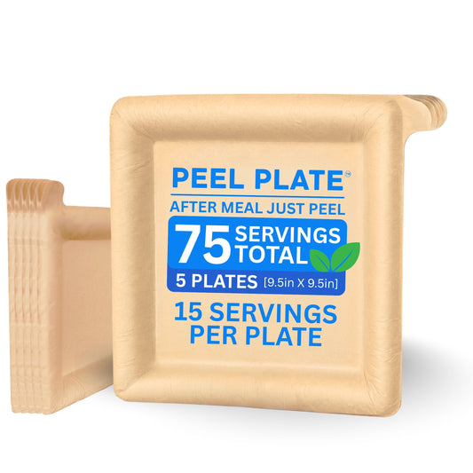 Peel Plate (5-Pack) 75 Servings Total - Large 9.5in x 9.5in Multi-Use Reusable Paper Plates, One Month Supply - 90% Less Waste Peelable Dinnerware for Home or On-The-Go Mealtime
