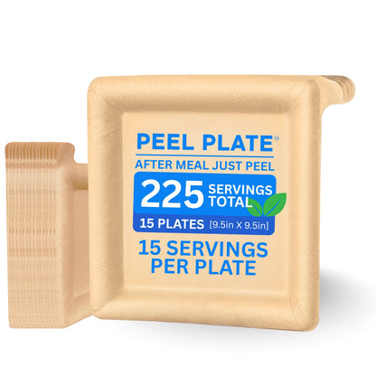 Peel Plate (15-Pack) 225 Servings Total, Large 9.5in x 9.5in Multi-Use Reusable Paper Plates, 90% Less Waste Peelable Dinnerware for Home or On-The-Go Mealtime & Snacktime