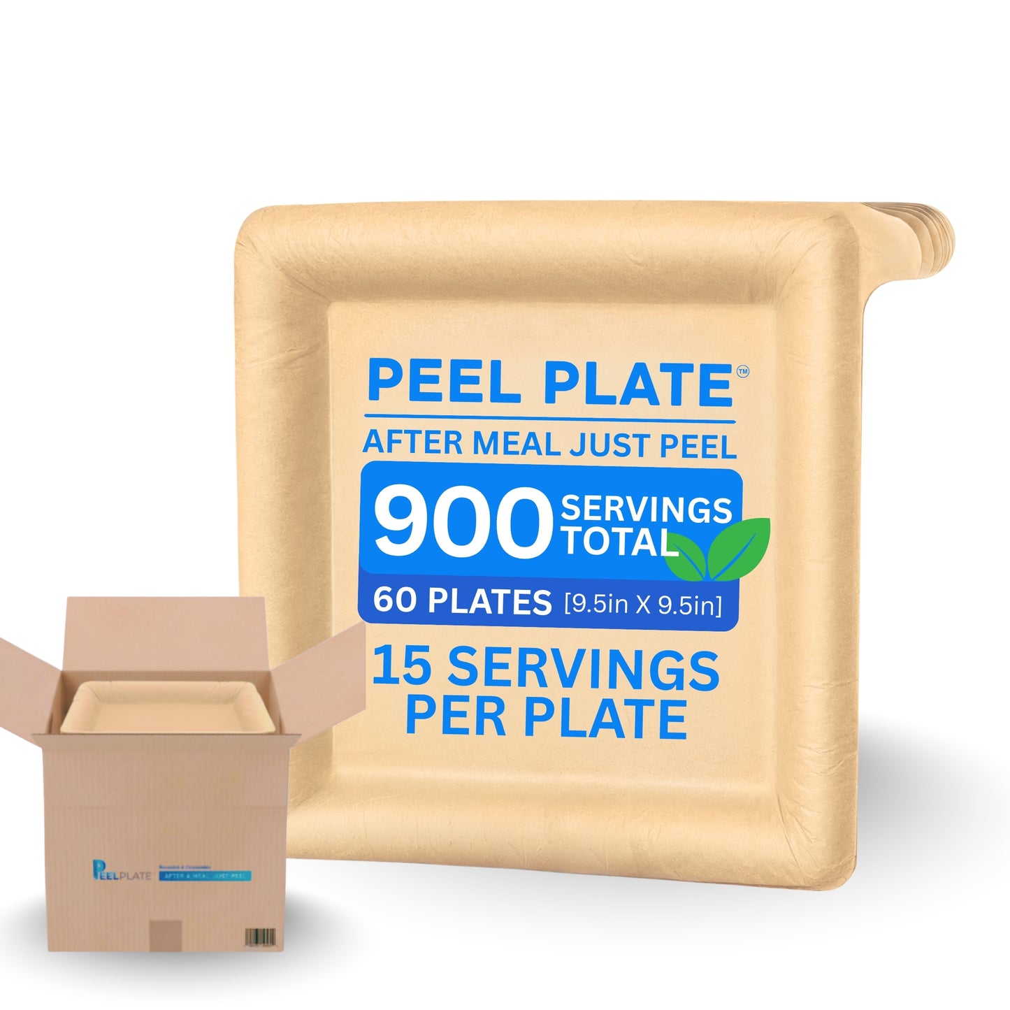 Peel Plate 900 Servings (Year Supply Box) 60 Count, Large 9.5in x 9.5in Multi-Use Reusable Paper Plates, Peelable Dinnerware, 60 Plates / 900 Servings Total, Year Supply Box, 90% Less Waste