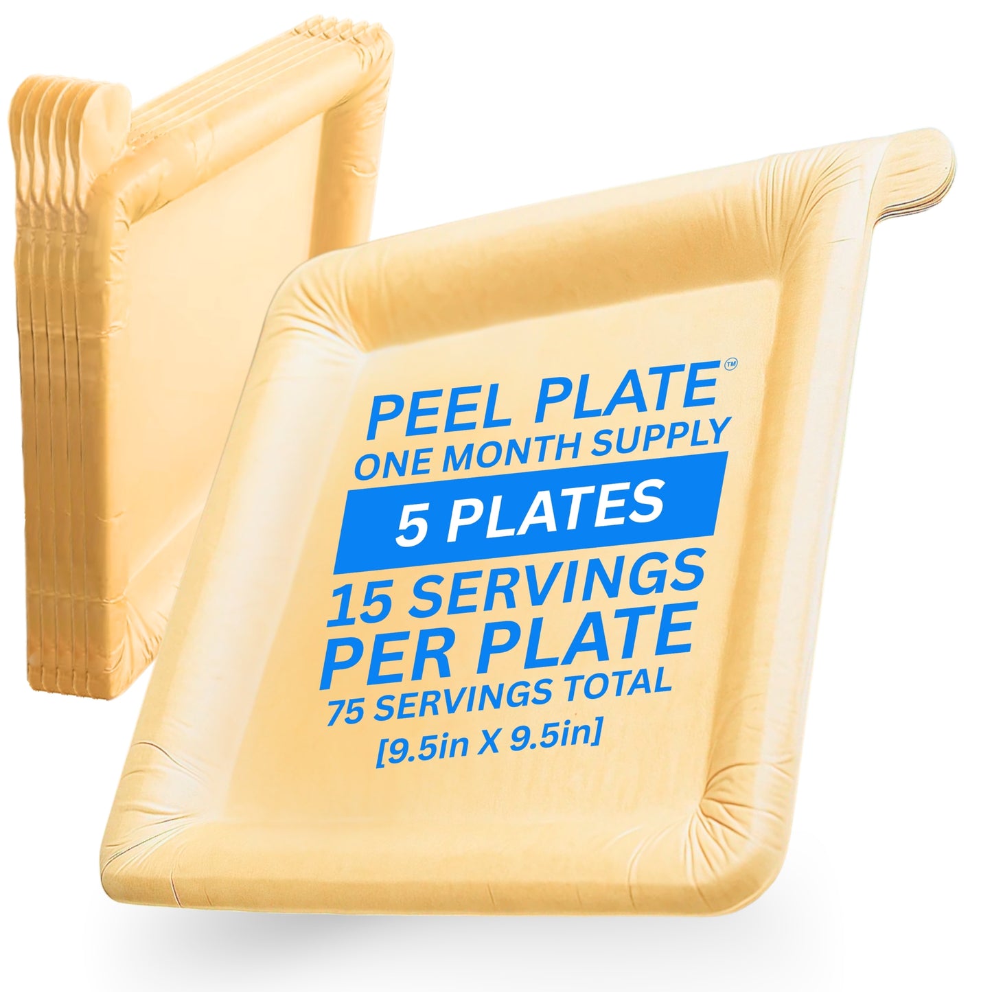 Peel Plate (5-Pack) 75 Servings Total - Large 9.5in x 9.5in Multi-Use Reusable Paper Plates, One Month Supply - 90% Less Waste Peelable Dinnerware for Home or On-The-Go Mealtime