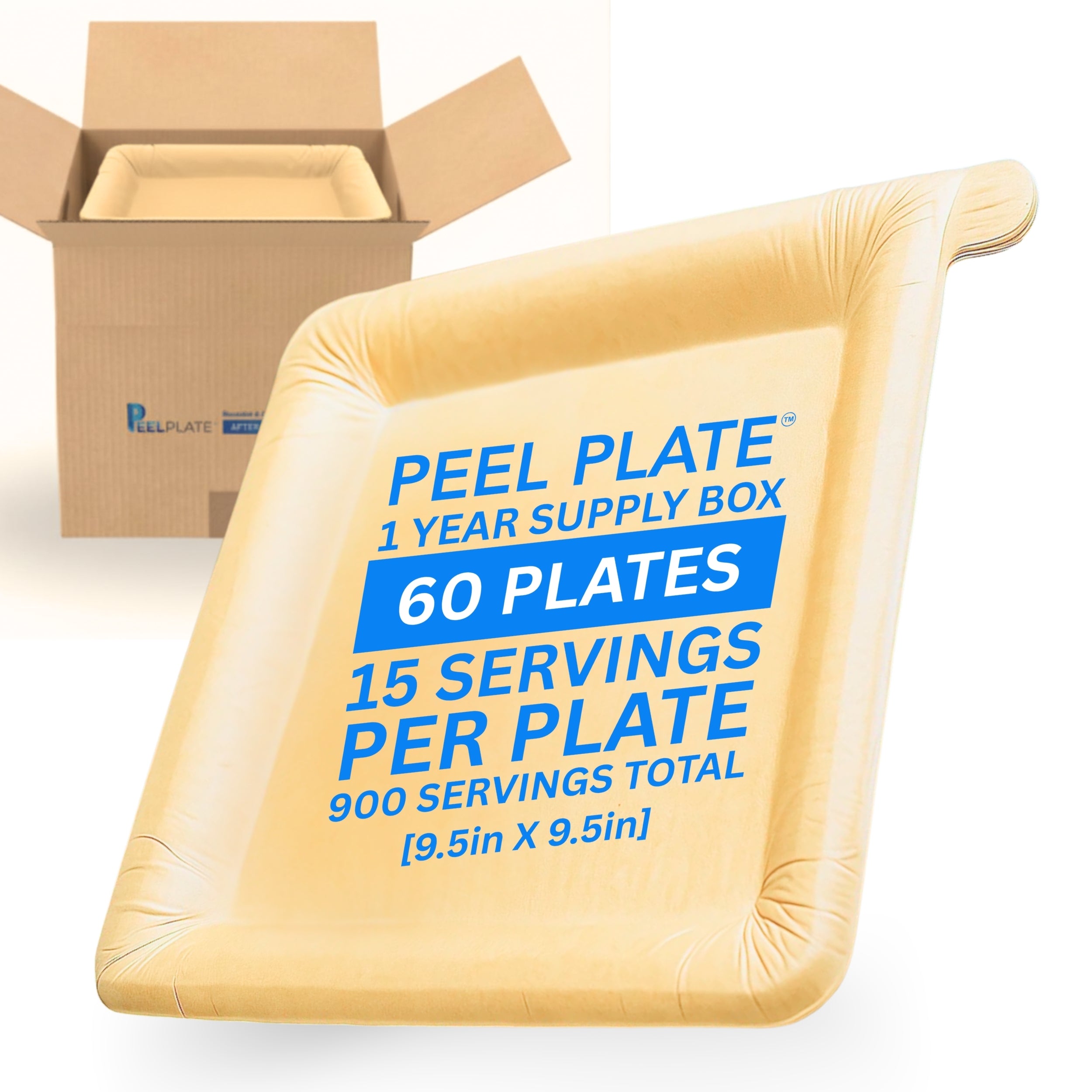 Peel Plate [Year Supply Box] 60 Plates / 900 Servings Total - Large 9.5in X 9.5in Multi-Use Reusable Paper Plates 90% Less Waste - Peelable Dinnerware
